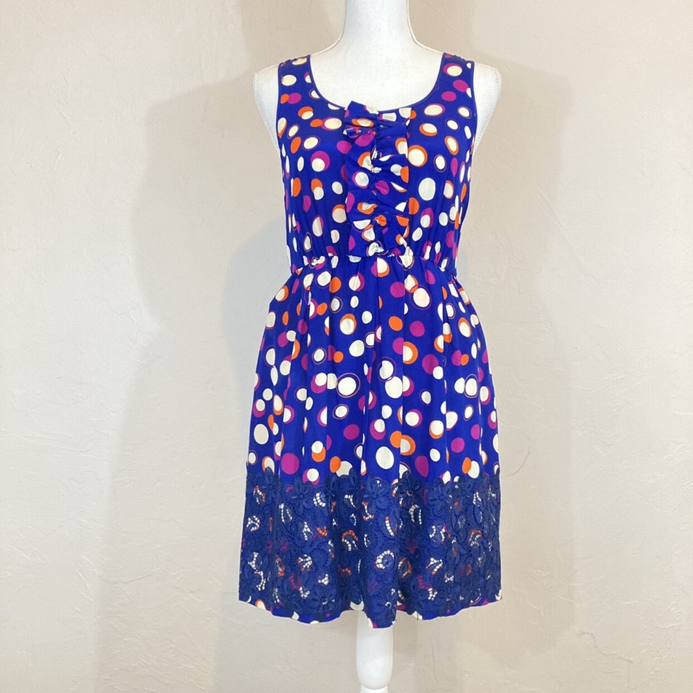 Anthropologie Blue Polka Dot Ruffle Front Sundress with Lace Hem
